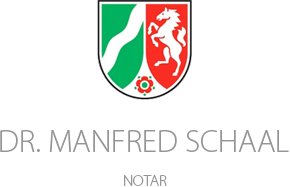 Landeswappen Nordrhein-Westfalen über dem Schriftzug Dr. Manfred Schaal, Notar